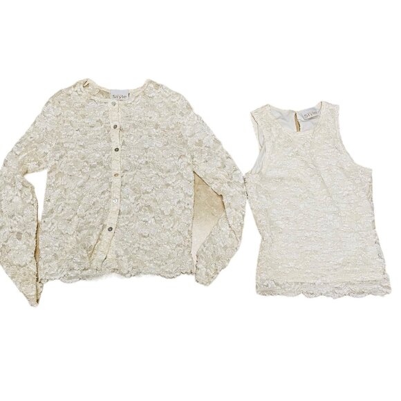 California Style Womens 2 Piece Blouse Sleeveless Ivory Lace Size Small Cardigan - Picture 8 of 14